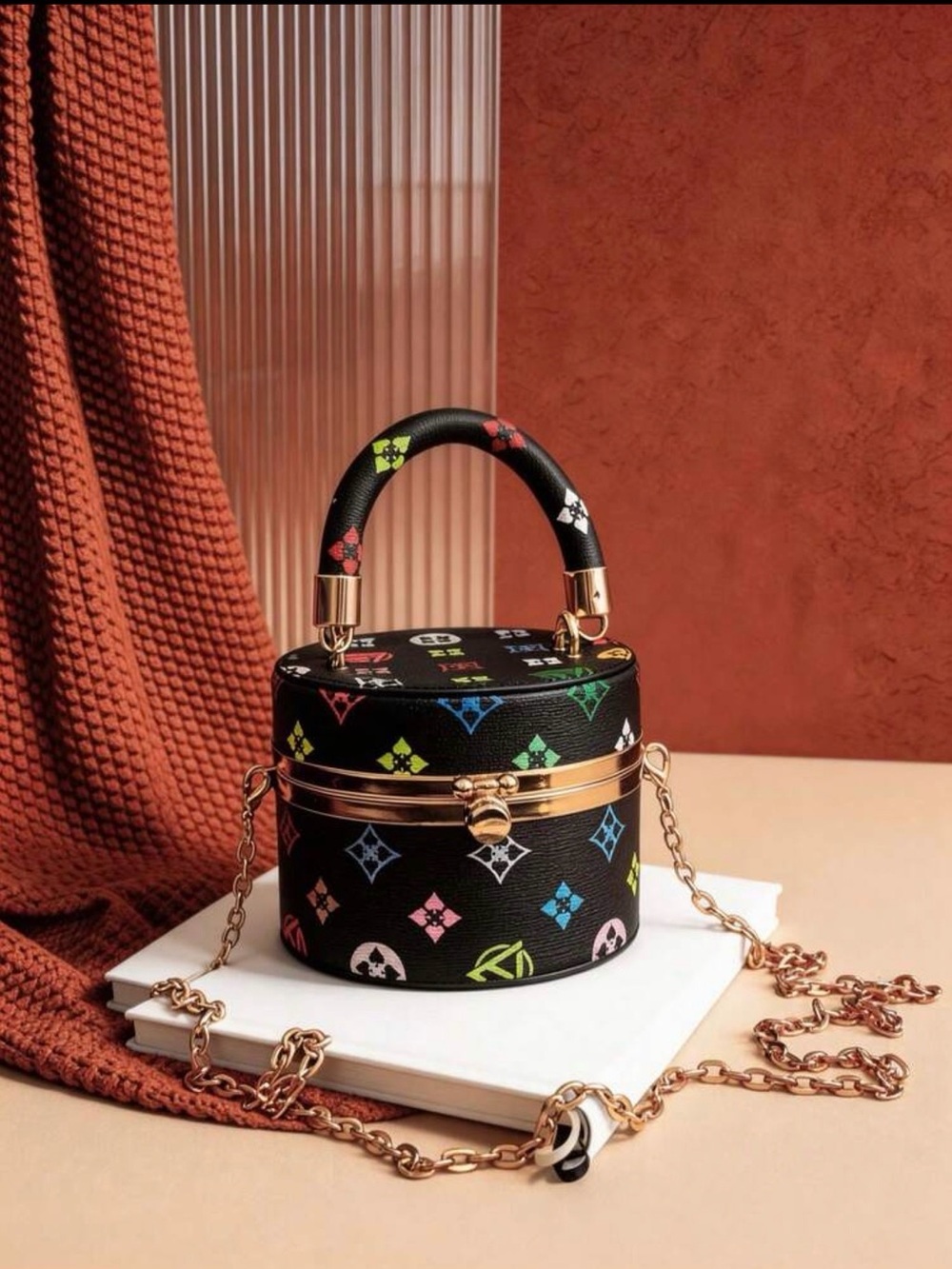 Luxury Black Multicolor Logo Print Handbag with Gold Hardware - Picture 3 of 9
